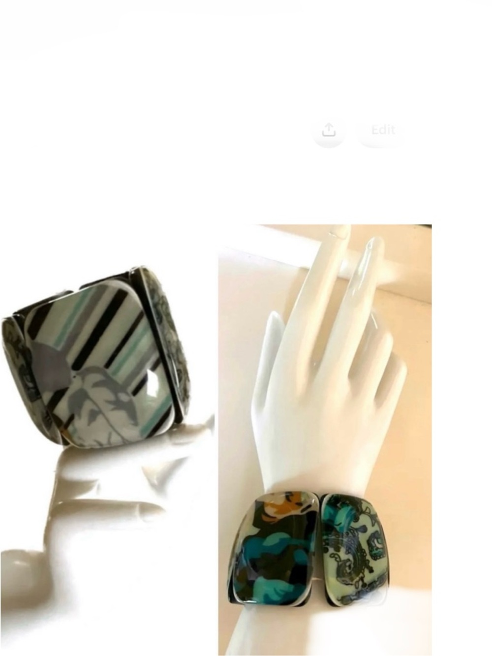 🎁 Vintage bracelet large different rectangles / green abstract & flower / New